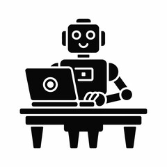 Fototapeta premium Robot at Desk Using Laptop Illustration Perfect for Technology, Artificial Intelligence, Programming, and Futuristic Innovation Concepts in Digital Workspace Vector Art and Design Projects