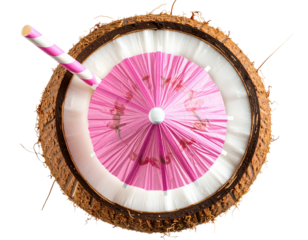  Trimmed Brown Coconut Shell with Curved Straw and Tiny Umbrella Top View isolated on transparent background PNG.