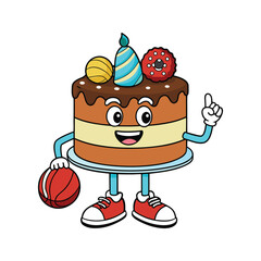 Happy cake character holding basketball and wearing party hat cartoon