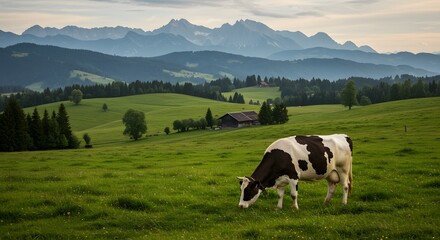 A lone cow grazes peacefully in a lush green pasture, with a rustic wooden cabin and majestic mountains forming a scenic backdrop.