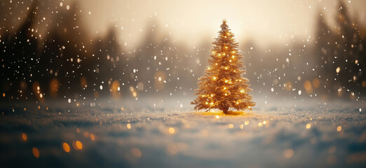 Beautifully lit Christmas tree in snowy landscape with falling snowflakes.