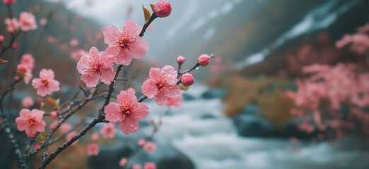 Cherry blossoms in misty landscape with flowing river and soft focus background.