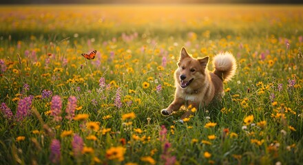 A happy dog runs through a vibrant field of wildflowers, chasing a butterfly.