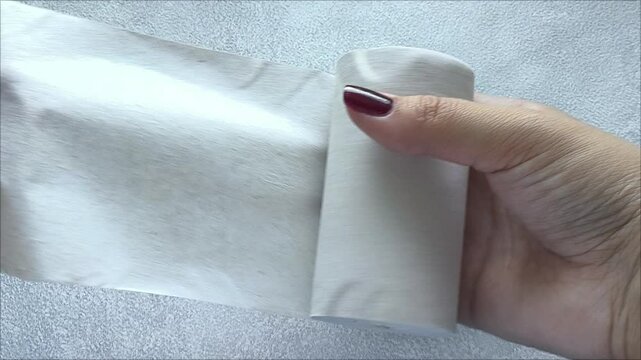 Female hands unwrap a roll of toilet paper. Toilet paper in the hands of a close up.