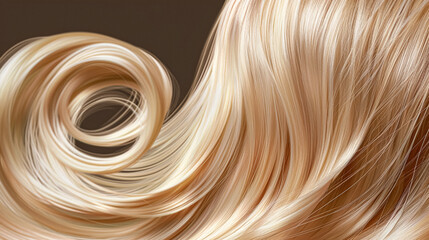 Long, luxurious golden blonde hair with soft waves and curls, shine and healthy texture against a dark background. AI generated
