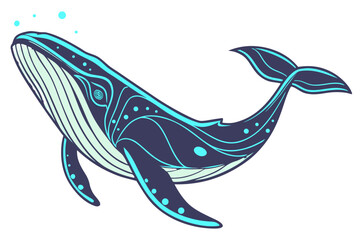 An ornate humpback whale swims in the deep blue ocean