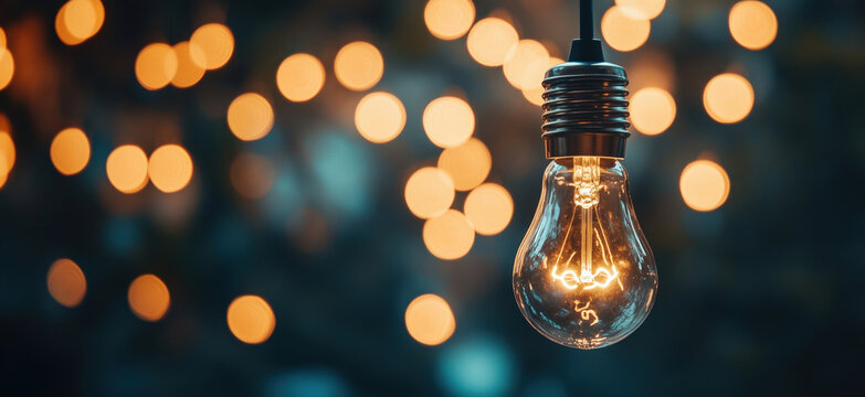 Glowing vintage light bulb against blurred bokeh background of warm lights.