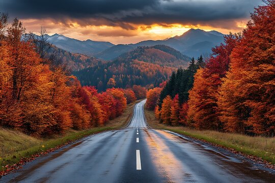 A winding road through colorful autumn trees under a dramatic sky - Powered by Adobe