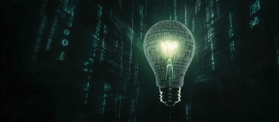 Digital light bulb glowing with binary code background representing technology and innovation.