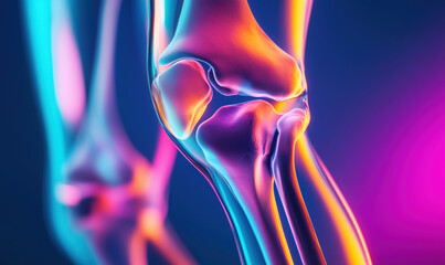 Naklejka premium Colorful 3D rendering of human knee joint anatomy with vibrant lighting effects.
