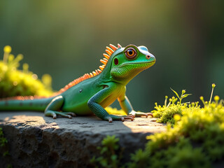 Fototapeta premium A highly detailed photorealistic image of a vibrant green lizard basking in natural light with surrounding green vegetation and intricate skin texture