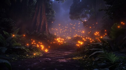 Fototapeta premium Enchanted forest path at night