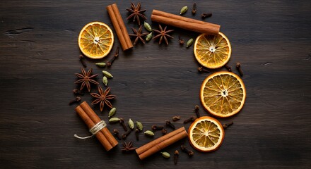 view of a circular arrangement of various colorful autumn spices (cinnamon sticks, star anise, cloves, dried orange slices) on a dark, rustic wooden background.