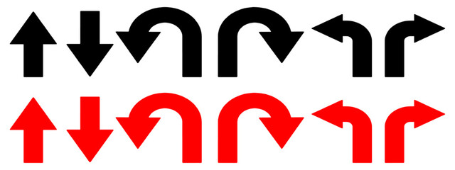 Way One Way Only U Turn Left Go Straight This and Right Black, Red Arrow Sign Direction Icon Set. Finding direction. arrow sign vector illustration.