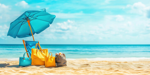 Colorful beach bags and umbrella on sandy shore with ocean view.