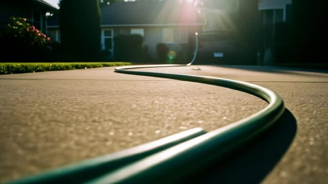 Garden Hose Curled on Driveway in Sunlight