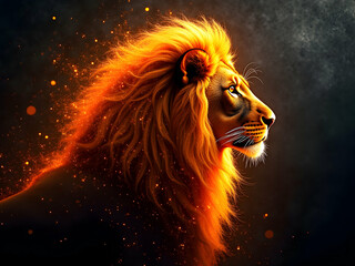 Naklejka premium A Majestic Lion's Silhouette, Captivating Side Profile with Fiery Mane and Golden Gaze, Symbolizing Strength and Power