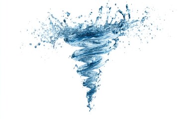 A swirling, spiraling vortex of translucent blue water, exploding outward in a crown of droplets against a stark white background