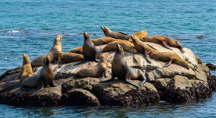 Fototapeta premium A group of sea lions resting on a rocky outcrop in the ocean.