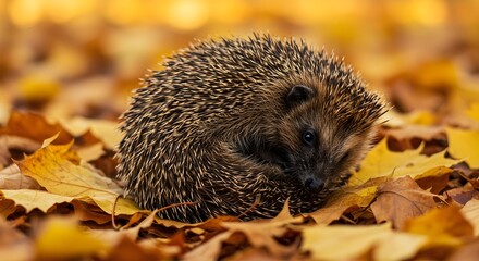 A curled-up hedgehog rests amidst a bed of autumn leaves.