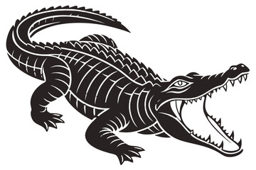 Obraz premium Alligator with mouth open, showing sharp teeth, black and white vector
