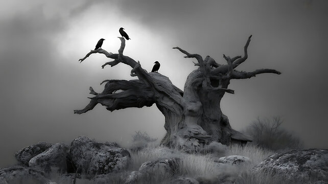 Three black birds perched on a gnarled dead tree in a misty landscape