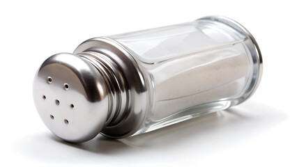 A glass salt shaker with a metal top sits isolated on a white background