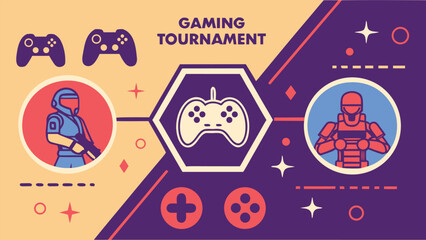 Retro Futuristic Gaming Tournament:  Players Compete,  Line Art Style,  Vibrant Color Palette,  Energetic and Competitive Mood,  Modern Esports Design.
