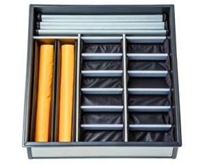 Open the equipment case with dividers and rolled-up charts on a transparent background