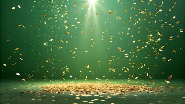 Golden confetti falls on a green background with a spotlight