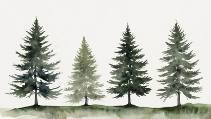 Obraz premium Four watercolor pine trees stand in a row, isolated on a clean white background, showcasing their distinct shapes