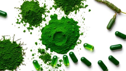 Green spirulina powder and pills arranged in circle,  