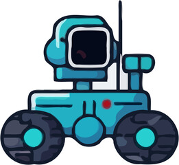 Cartoon illustration of a blue rover with large wheels and a screen-like head, antenna on top.