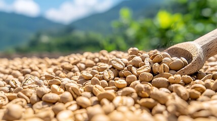 Obraz premium Raw Coffee Beans Drying Outdoors with Wooden Scoop