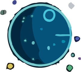 Cartoonish depiction of a stylized planet with scattered colorful shapes.