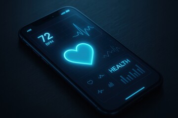 Heartbeat App Display on Phone: A sleek smartphone showcases a health app with a glowing heart symbol and vital sign monitor. Representing modern healthcare and personal well-being. 