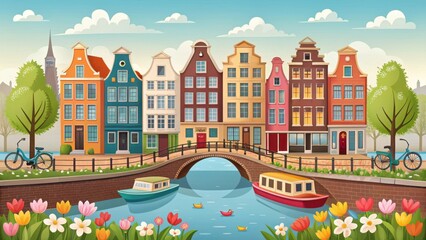 Fototapeta premium Charming amsterdam canal scene with colorful houses and tulips