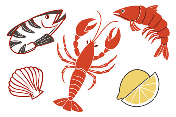A collection of seafood illustrations including lobster, fish, shrimp, and lemon