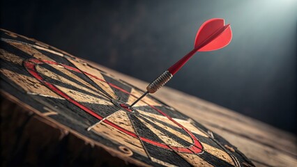 A red dart is perfectly centered in the bullseye of a worn wooden dartboard