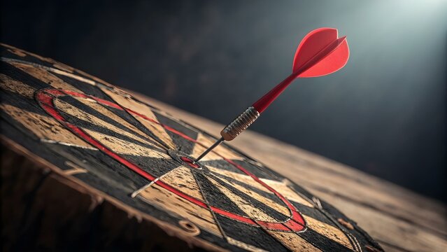 A red dart is perfectly centered in the bullseye of a worn wooden dartboard