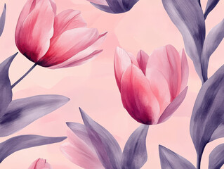 Pink tulips with purple leaves create vibrant floral pattern on soft pink background, evoking sense of elegance and tranquility
