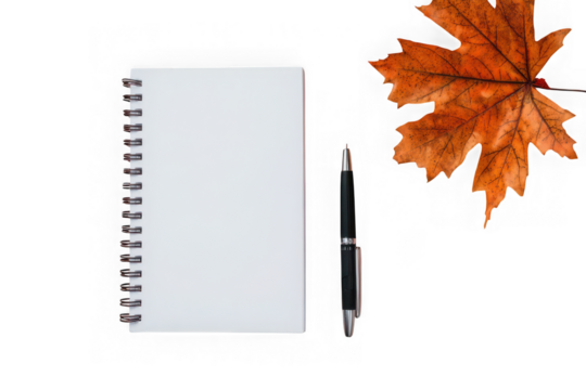 Notebook with pen and autumn leaf isolated on transparent background - Powered by Adobe