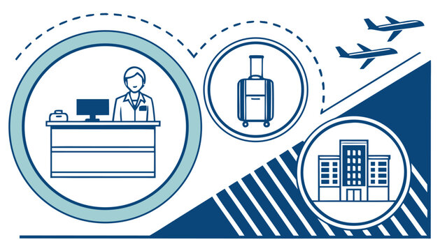 Modern minimalist illustration: Hotel check-in process, featuring a friendly receptionist, luggage, airplanes, and a stylized hotel building, conveying a seamless and efficient travel experience.