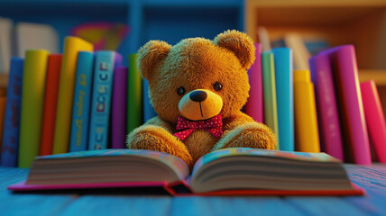 Teddy bear reading a book in a colorful children's library setting.