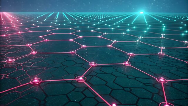 A futuristic network of pink and blue glowing lines and dots forms a hexagonal grid on a dark background