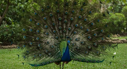 Obraz premium Peacock with vibrant plumage displaying its magnificent tail feathers in a lush green garden setting.