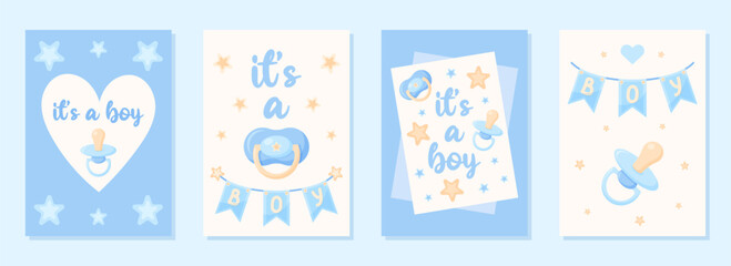 Gentle set postcards It's a boy. 4 Posters with baby Dummy for gender reveal party in blue tones. Vector illustration.