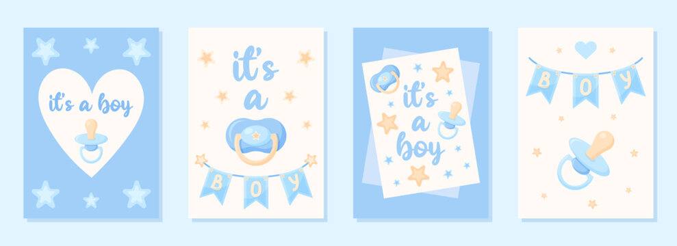 Gentle set postcards It's a boy. 4 Posters with baby Dummy for gender reveal party in blue tones. Vector illustration.
