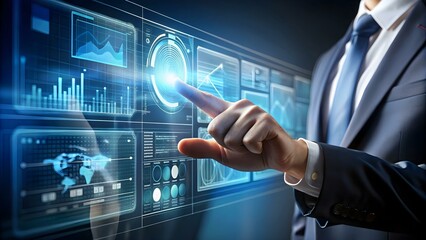 A businessman interacts with a futuristic digital interface displaying charts and graphs