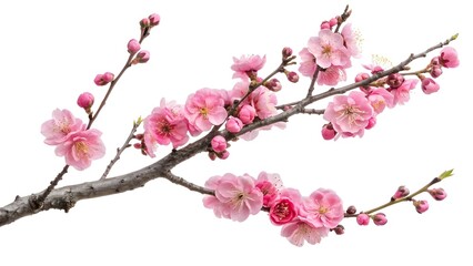 A delicate branch of pink plum blossoms, isolated on white background